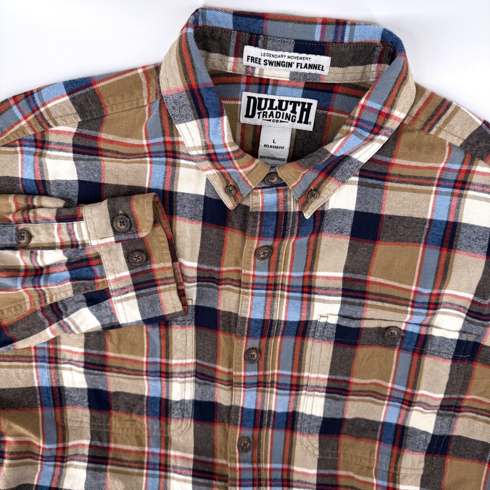 Duluth Trading Flannel Shirt Large Tan Blue Red Plaid Free Swingin Relaxed Fit